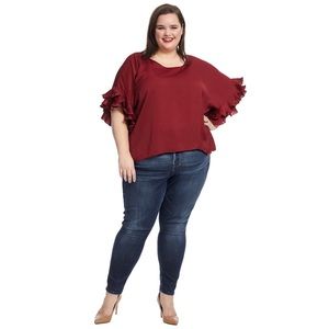 Pleated Sleeve Crushed Satin Grenache Blouse